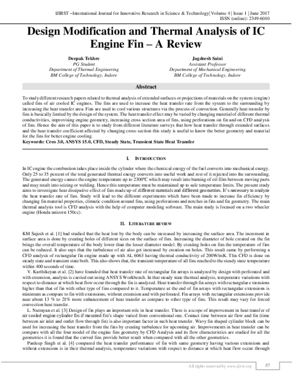 (PDF) Design Modification and Thermal Analysis of IC Engine Fin – A Review