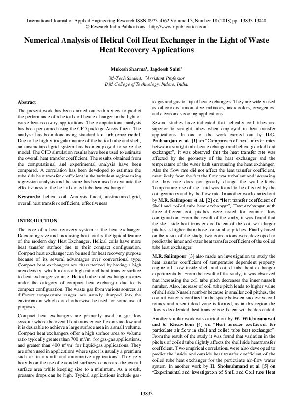 (PDF) Numerical Analysis of Helical Coil Heat Exchanger in the Light of ...