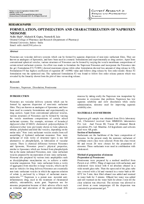 (PDF) Formulation , Optimization and Characterization of Naproxen Niosome