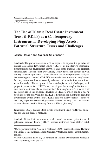 (PDF) The Use of Islamic Real Estate Investment Trust (I-REITs) as a ...