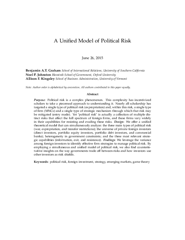 (PDF) A Unified Model of Political Risk June 26 , 2015