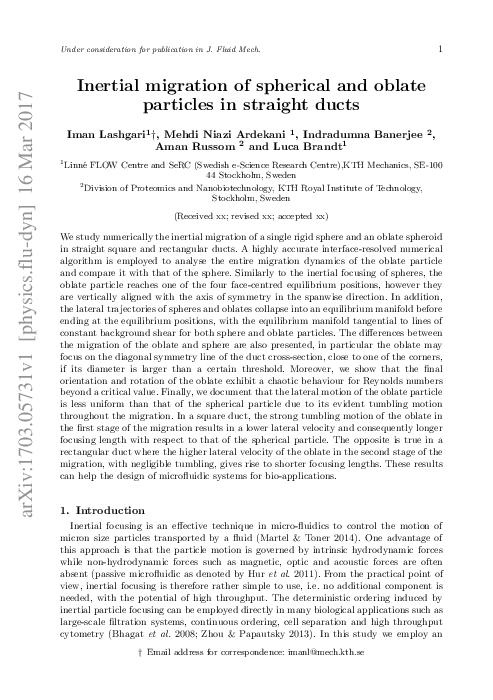 (PDF) Inertial migration of spherical and oblate particles in straight ...