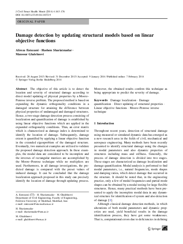(PDF) Damage detection by updating structural models based on linear ...