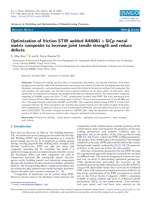 (PDF) Optimization of friction STIR welded AA6061 + SiCp metal matrix ...