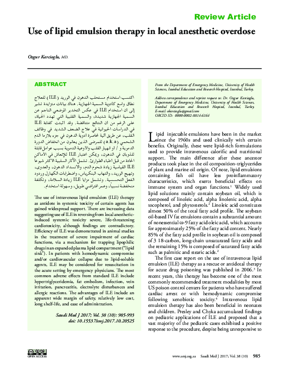 (PDF) Use of lipid emulsion therapy in local anesthetic overdose ozgur karcioglu Academia.edu