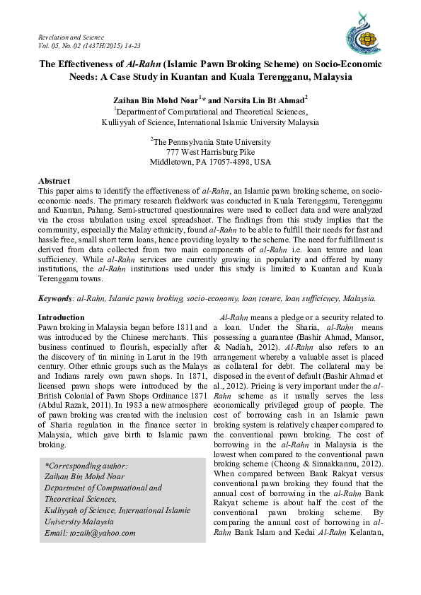 (PDF) The effectiveness of al-Rahn (Islamic pawn broking scheme) on ...