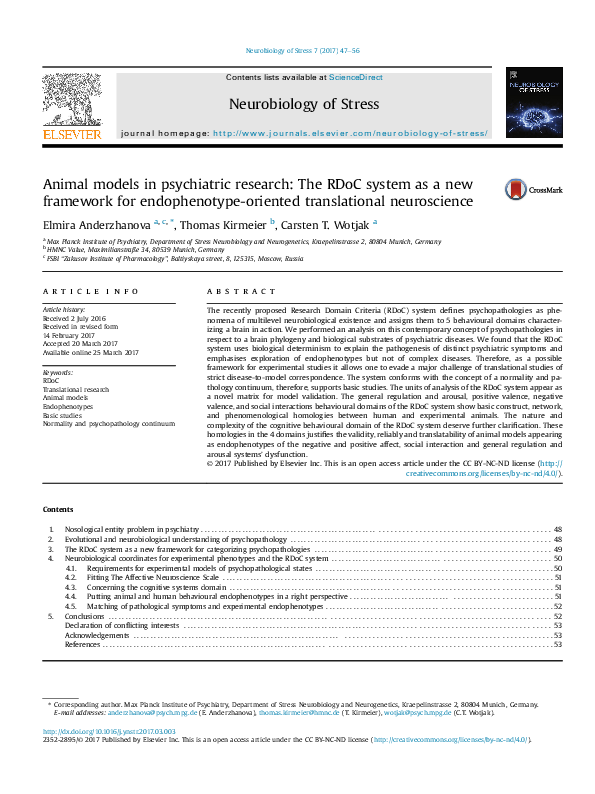 (PDF) Animal models in psychiatric research: The RDoC system as a new ...