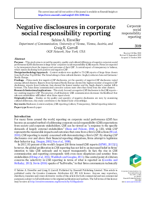 (PDF) Negative disclosures in corporate social responsibility reporting