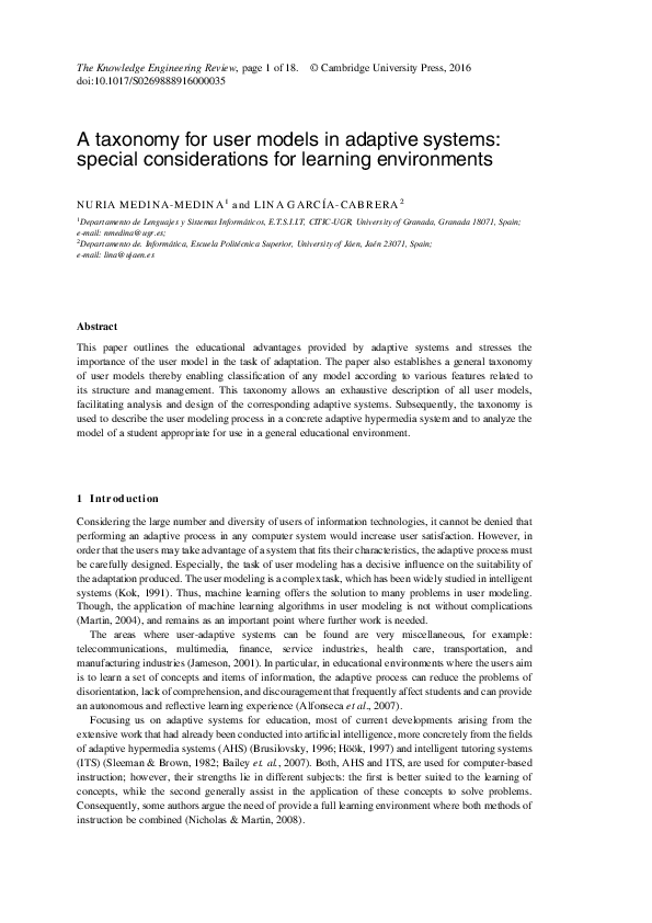 (PDF) A Taxonomy for User Models in Adaptive Systems: Special ...