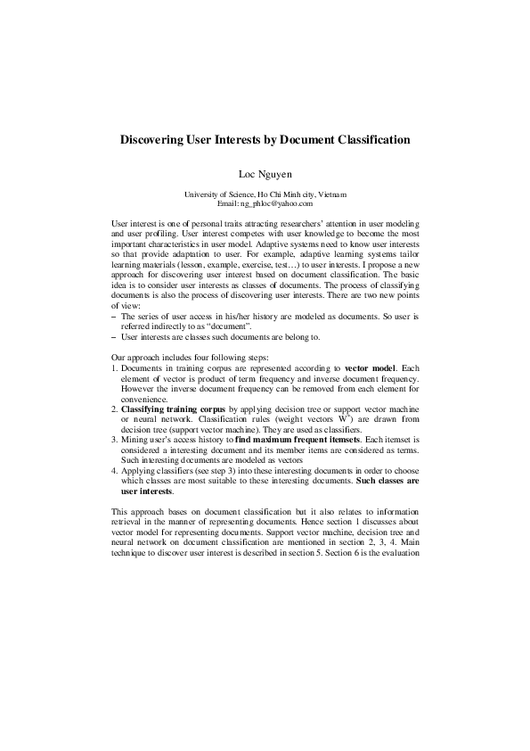 (PDF) Discovering User Interests by Document Classification