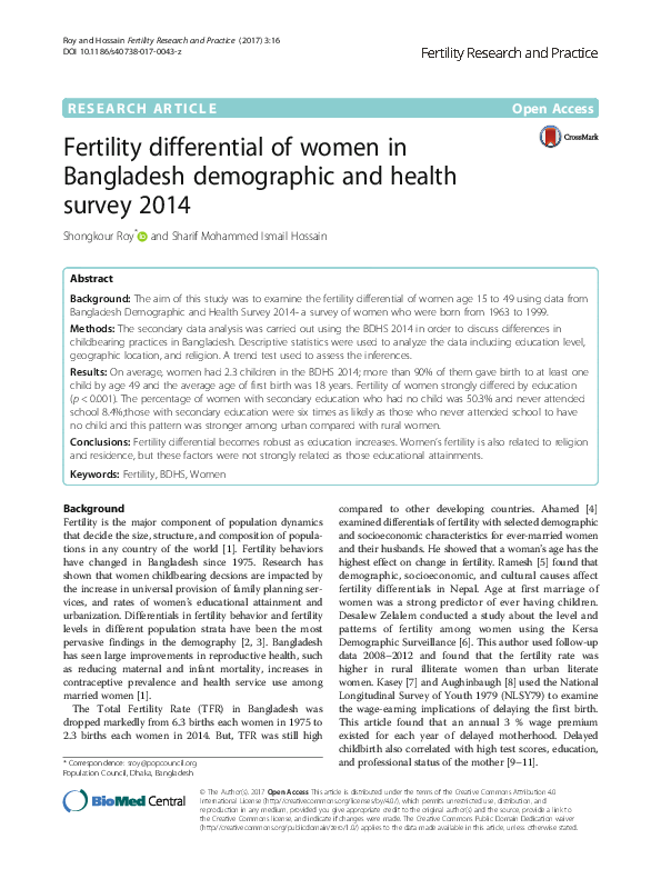 (PDF) Fertility differential of women in Bangladesh demographic and