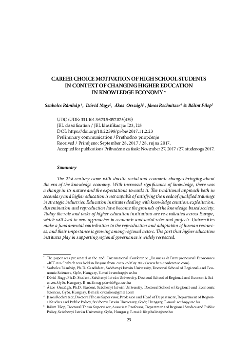 (PDF) Career Choice Motivation of High School Students in Context of ...