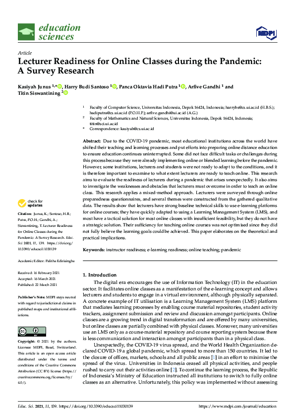 (PDF) Lecturer Readiness for Online Classes during the Pandemic: A ...