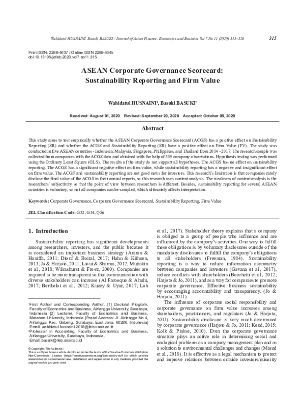 (PDF) ASEAN Corporate Governance Scorecard: Sustainability Reporting ...