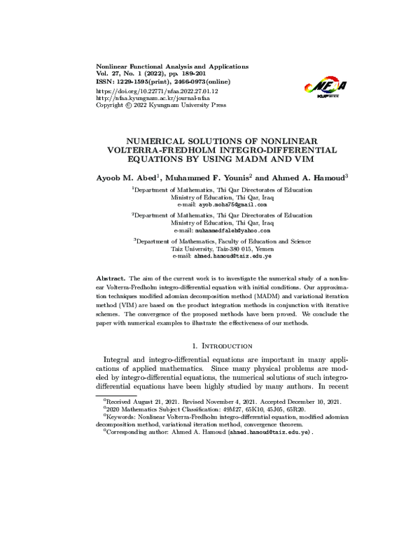 (PDF) NUMERICAL SOLUTIONS OF NONLINEAR VOLTERRA-FREDHOLM INTEGRO ...