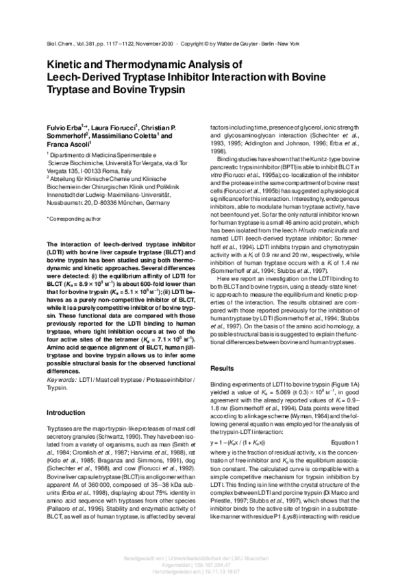 (PDF) Kinetic and Thermodynamic Analysis of Leech-Derived Tryptase ...