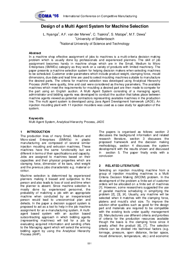 (PDF) Design of a multi agent system for machine selection