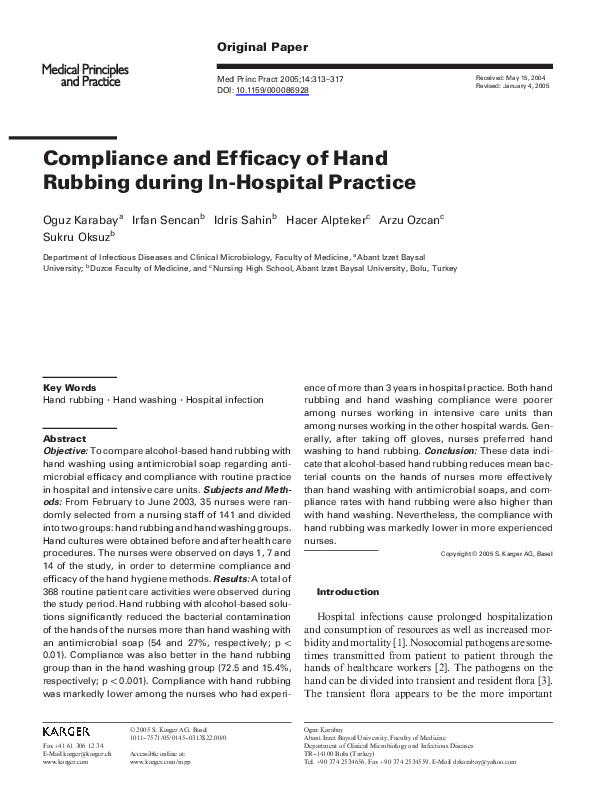 (PDF) Compliance and Efficacy of Hand Rubbing during In-Hospital Practice