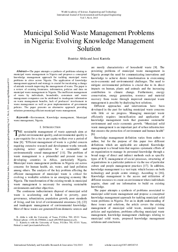 (PDF) Municipal Solid Waste Management Problems in Nigeria: Evolving ...