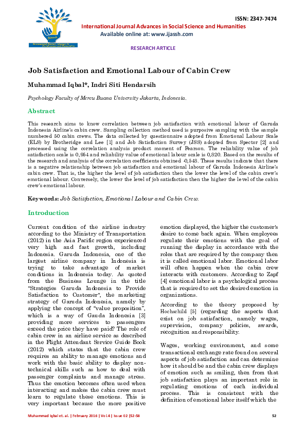 (PDF) Job Satisfaction and Emotional Labour of Cabin Crew