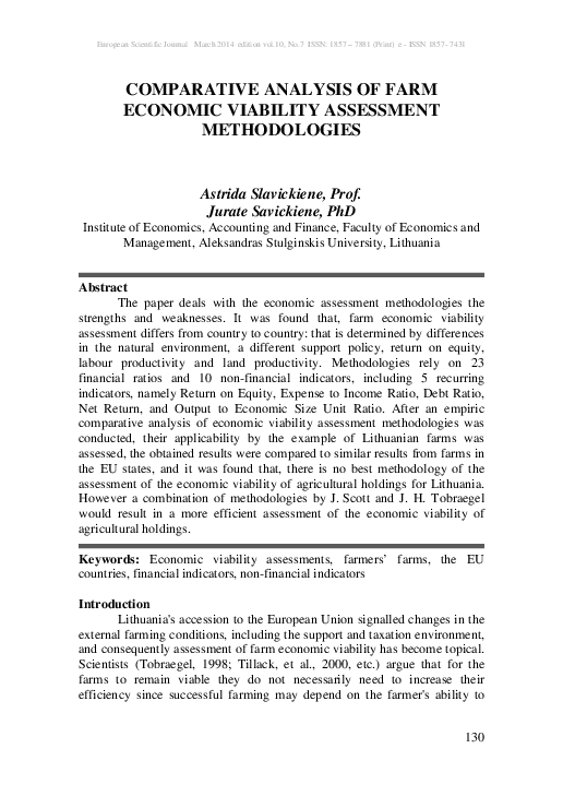 (PDF) Comparative Analysis of Farm Economic Viability Assessment ...