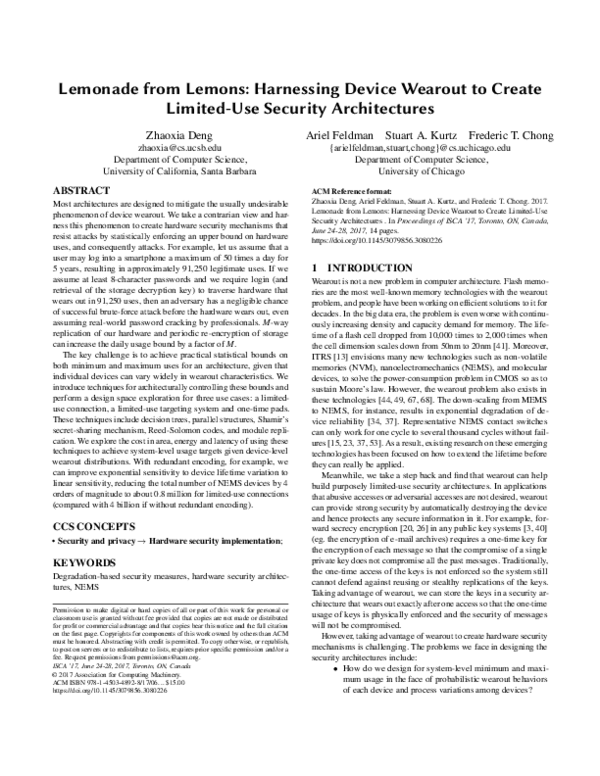 (PDF) Lemonade from lemons: Harnessing device wearout to create limited ...