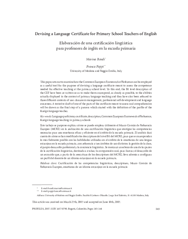 (PDF) Devising a Language Certificate for Primary School Teachers of