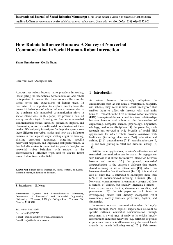 (PDF) How Robots Influence Humans: A Survey of Nonverbal Communication ...