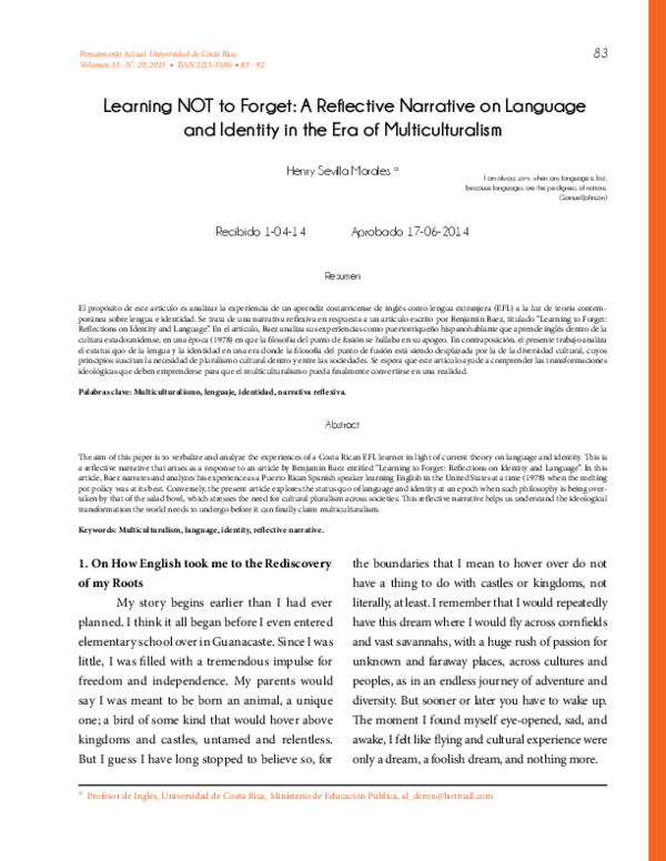 (PDF) Learning NOT to Forget: A Reflective Narrative on Language and ...