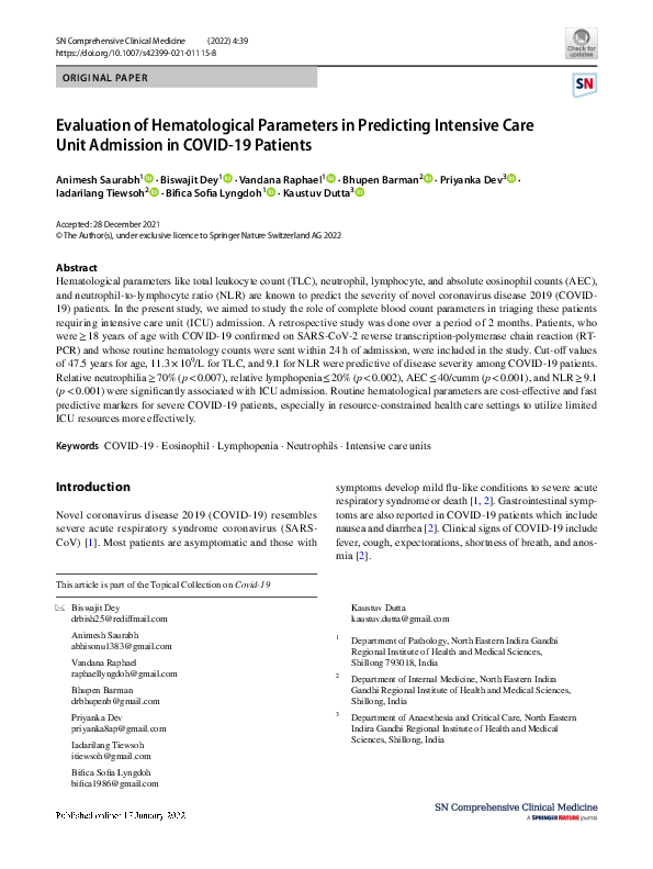 (PDF) Evaluation of Hematological Parameters in Predicting Intensive ...