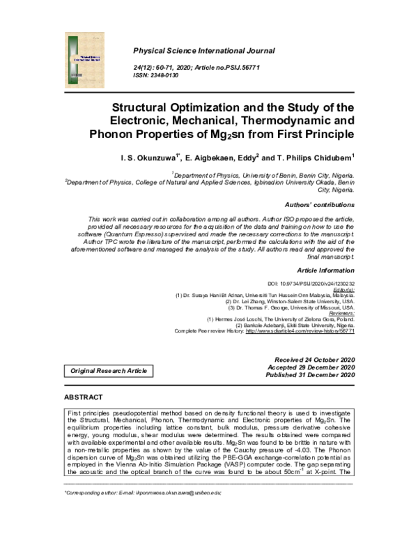 (PDF) Structural Optimization and the Study of the Electronic ...