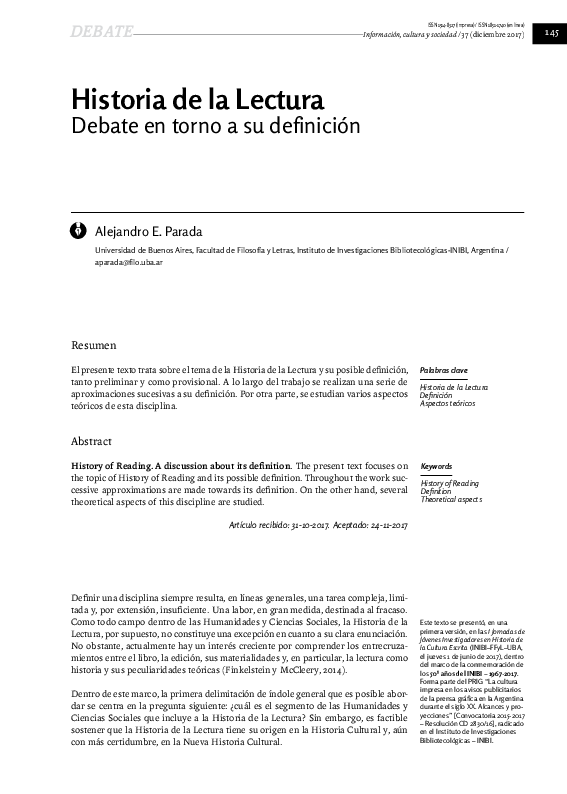 (PDF) Historia de la Lectura. Debate en torno a su definición = History