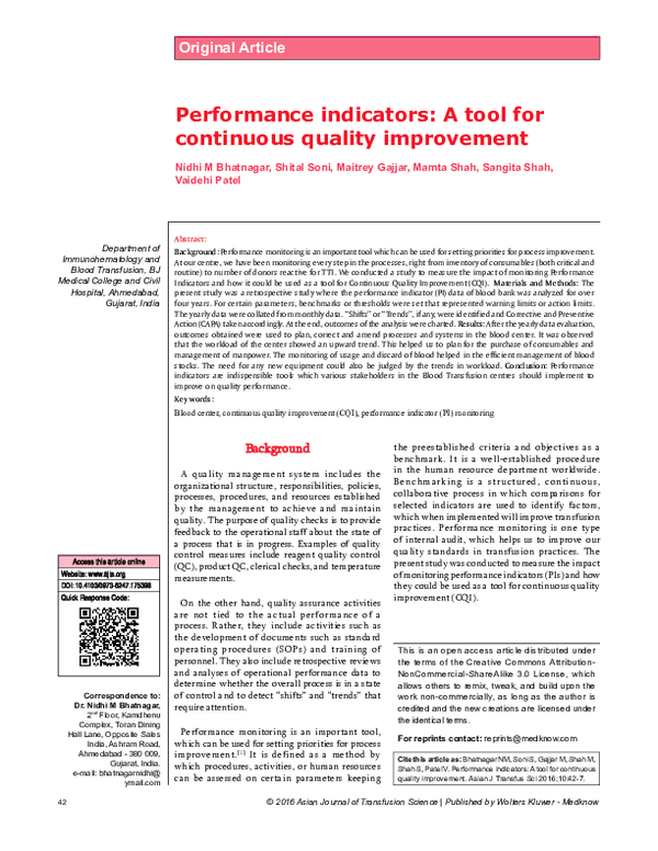 (PDF) Performance indicators: A tool for continuous quality improvement