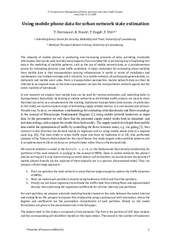 (PDF) Using mobile phone data for urban network state estimation