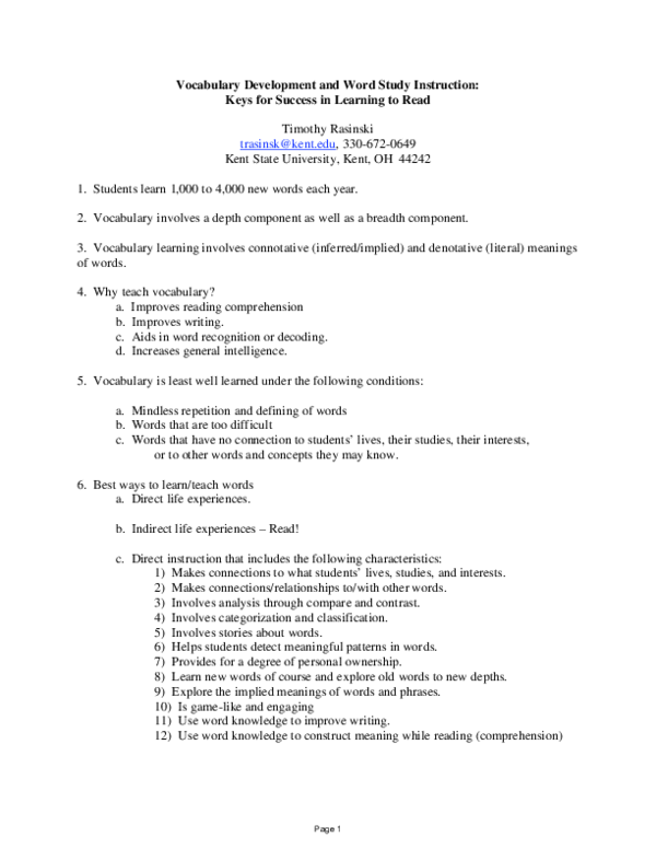 (PDF) Vocabulary Development and Word Study Instruction: Keys for ...