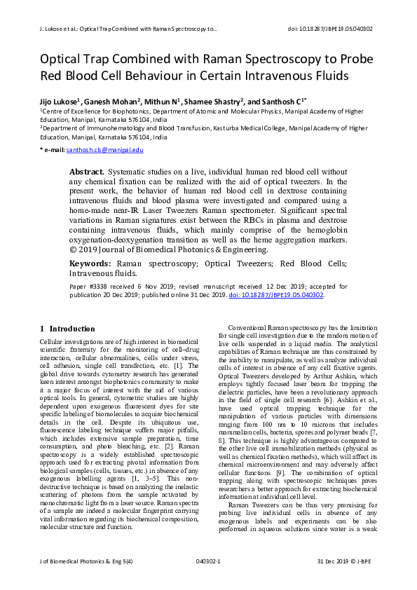 (PDF) Optical Trap Combined with Raman Spectroscopy to Probe Red Blood