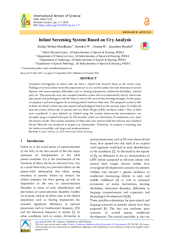 PDF Infant Screening System Based On Cry Analysis N Sreedevi PDF Infant Screening System Based On Cry Analysis N Sreedevi