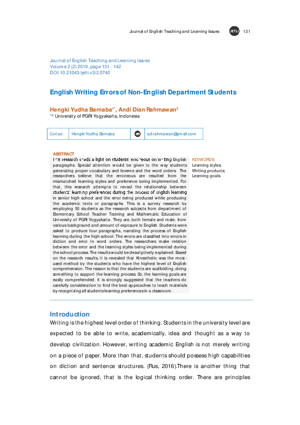 (PDF) English Writing Problems of Non-English Department Students