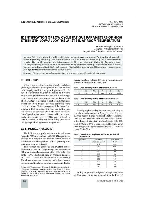 (PDF) Identification of low cycle fatigue parameters of high strength