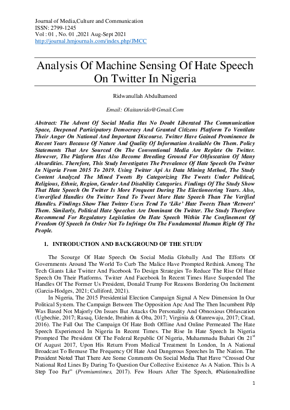 (PDF) Analysis Of Machine Sensing Of Hate Speech On Twitter In Nigeria