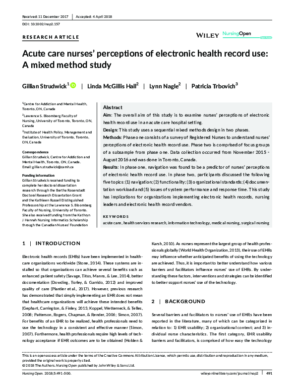 (PDF) Acute care nurses’ perceptions of electronic health record use: A ...