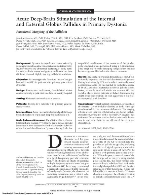 (PDF) Early Deep Brain Stimulation of Globus Pallidus Internus in ...