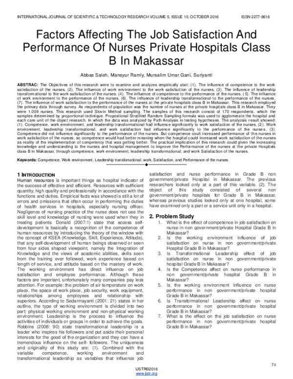(PDF) Factors Affecting The Job Satisfaction And Performance Of Nurses ...