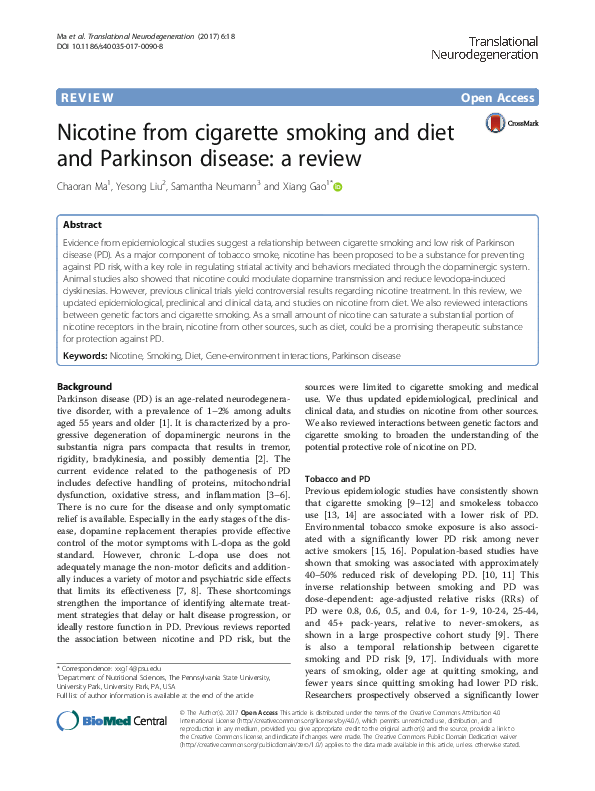 (PDF) Nicotine from cigarette smoking and diet and Parkinson disease: a ...