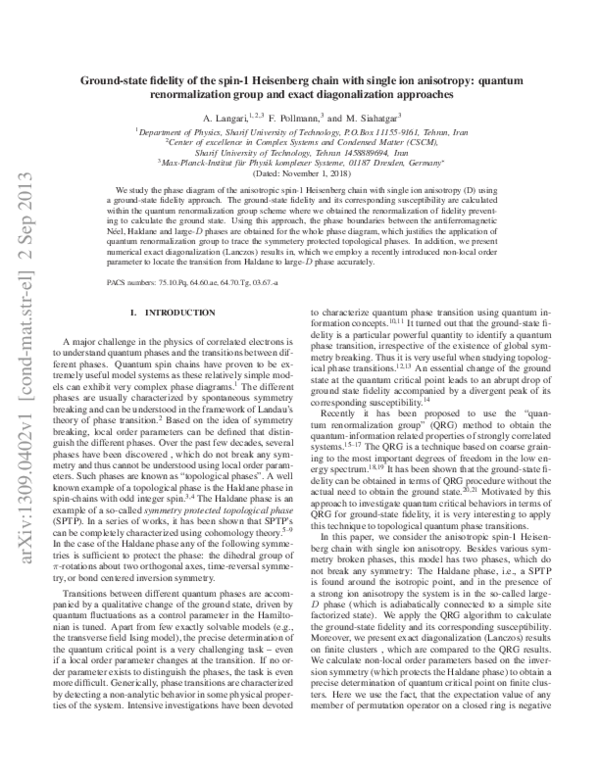 (PDF) Ground-state fidelity of the spin-1 Heisenberg chain with single ...