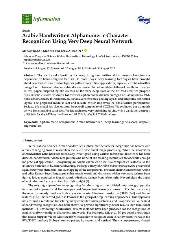 (PDF) Arabic Handwritten Alphanumeric Character Recognition Using Very ...