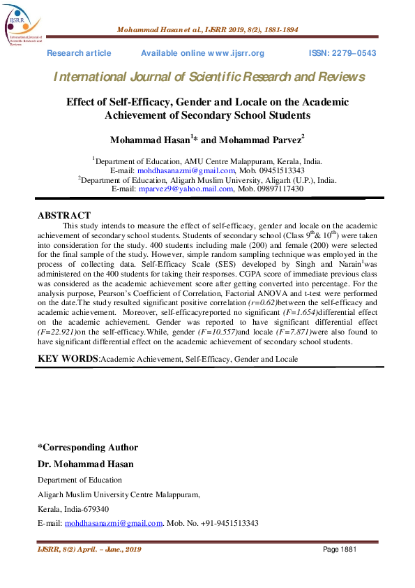 (PDF) Effect of Self-Efficacy, Gender and Locale on the Academic ...
