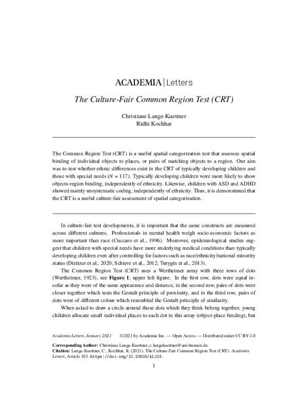 First page of “The Culture-Fair Common Region Test (CRT)”
