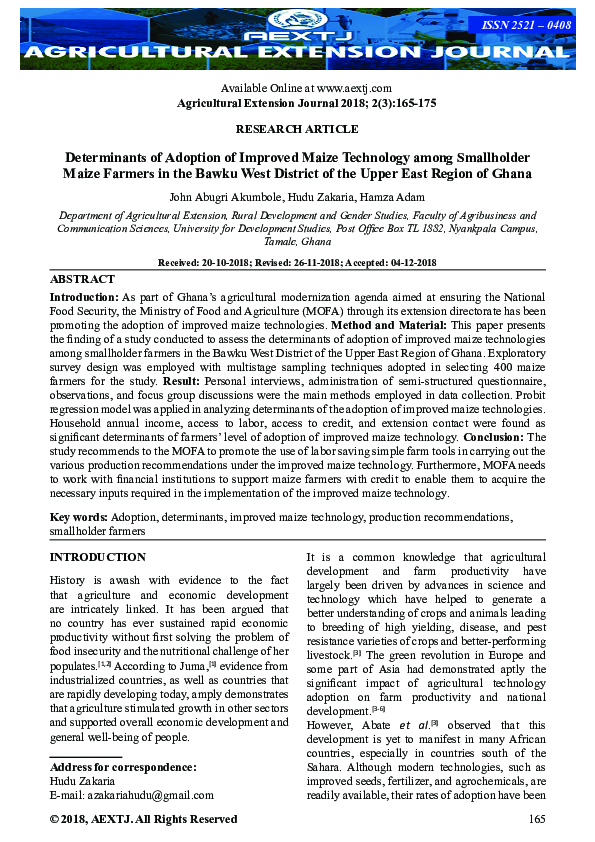 (PDF) Determinants of Adoption of Improved Maize Technology among ...
