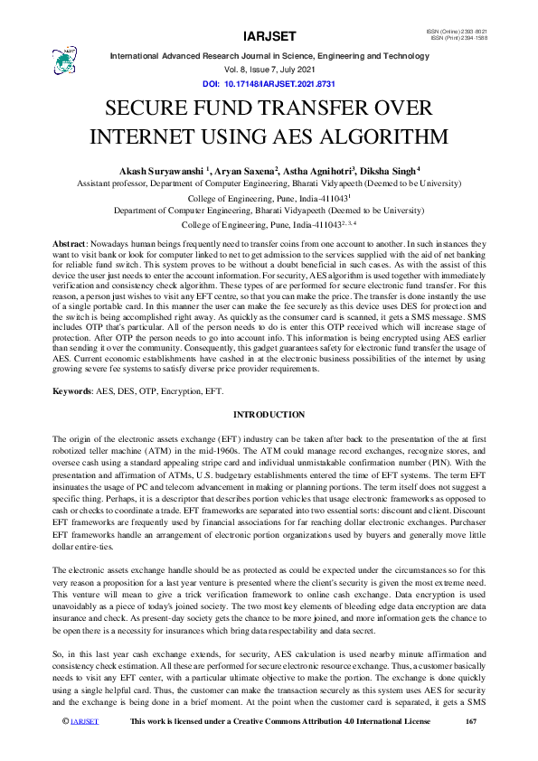 (PDF) Secure Fund Transfer Over Internet Using Aes Algorithm